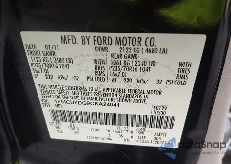 2012 Ford Escape Xlt from USA, damaged, VIN 1FMCU9DG9CKA24041